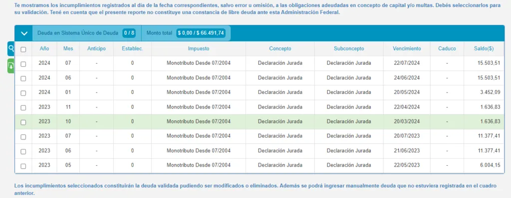 deuda validada plan de pago monotributo