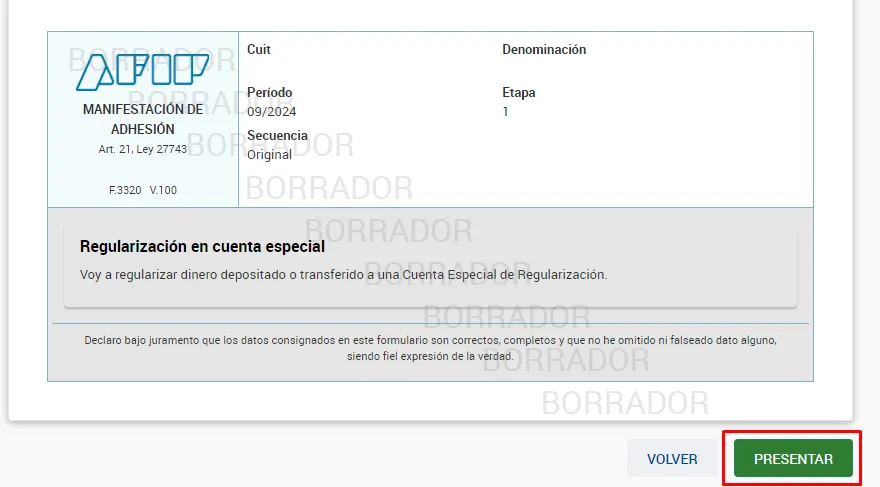 presentar f 3320 blanqueo afip