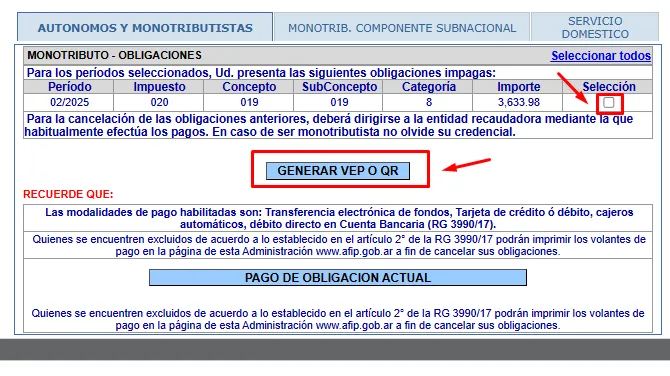 generar vep monto maximo monotributo promovido