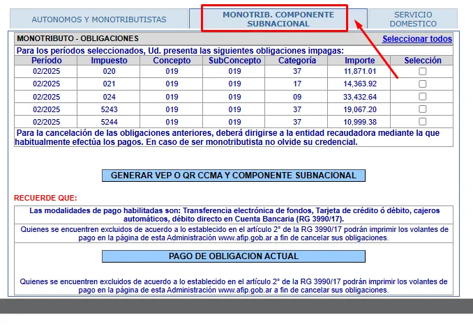 error al ver ccma monotributo